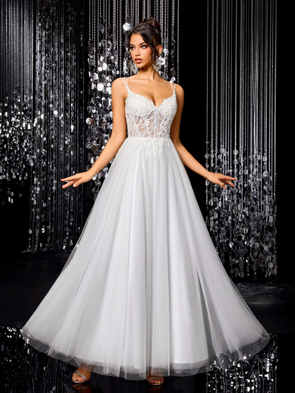 Modecrush Tulle Lace Bride Wedding Dress, A-line with Train Wedding Ball Gown, Backless Applique Beaded Bridal Gown, Outdoor Wedding Party Dress