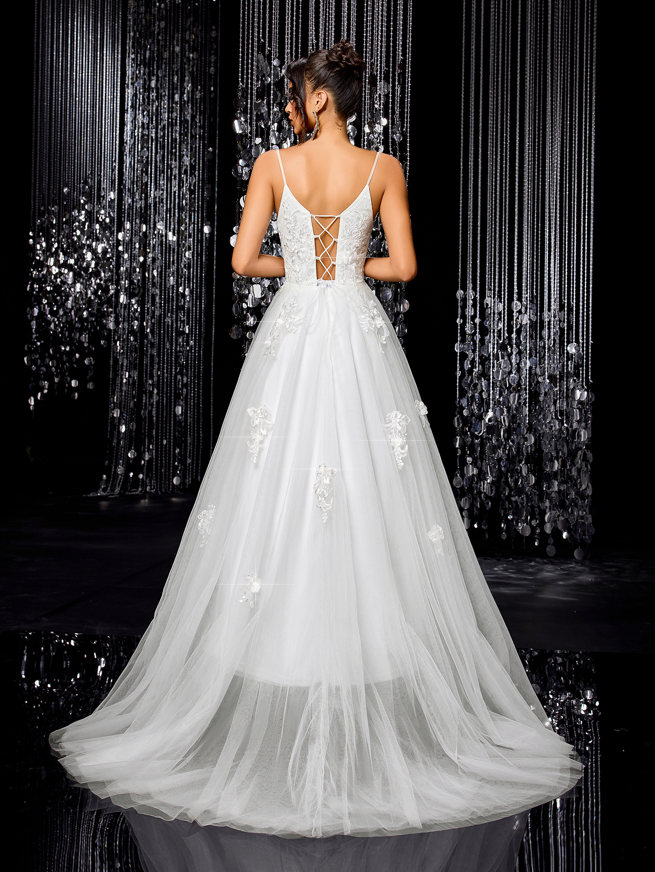 Modecrush Romantic Flower Embroidery Fine Strap V-neck Maxi Dress, Elegant A-line Bridal Dress, for Wedding, Birthday Party