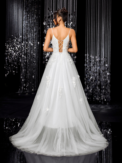 Modecrush Romantic Flower Embroidery Fine Strap V-neck Maxi Dress, Elegant A-line Bridal Dress, for Wedding, Birthday Party