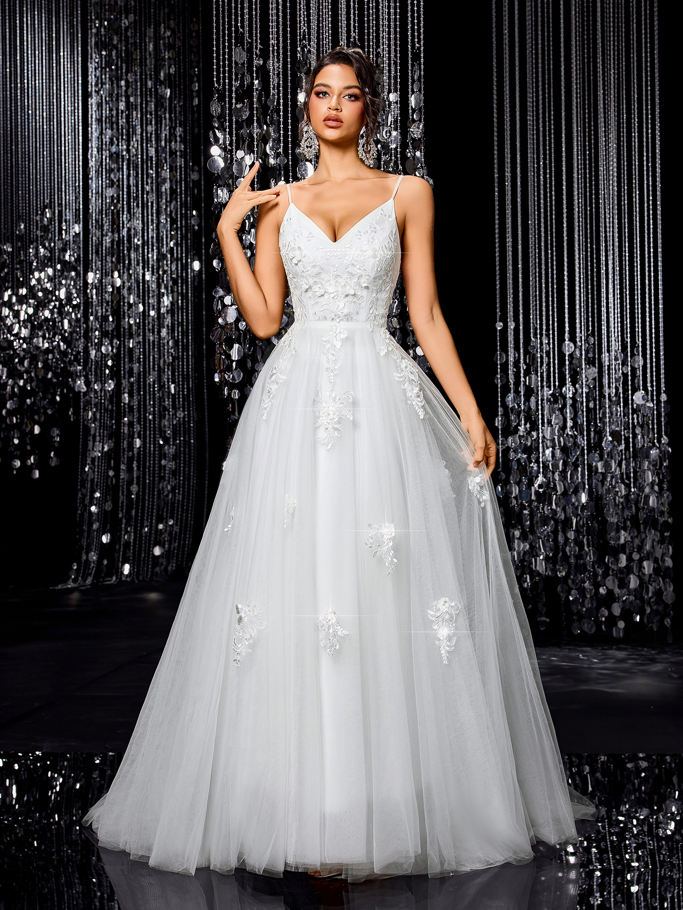 Modecrush Romantic Flower Embroidery Fine Strap V-neck Maxi Dress, Elegant A-line Bridal Dress, for Wedding, Birthday Party