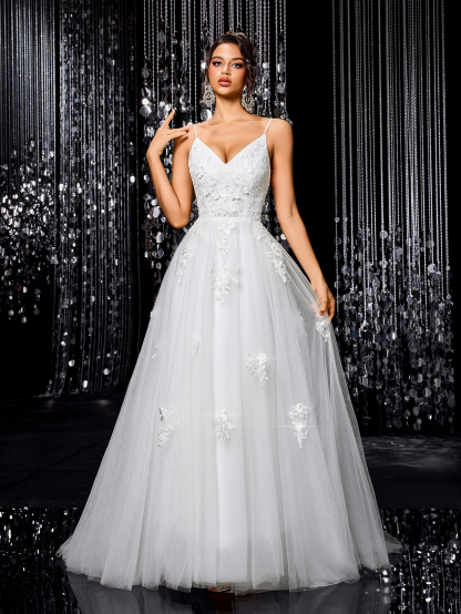 Modecrush Romantic Flower Embroidery Fine Strap V-neck Maxi Dress, Elegant A-line Bridal Dress, for Wedding, Birthday Party