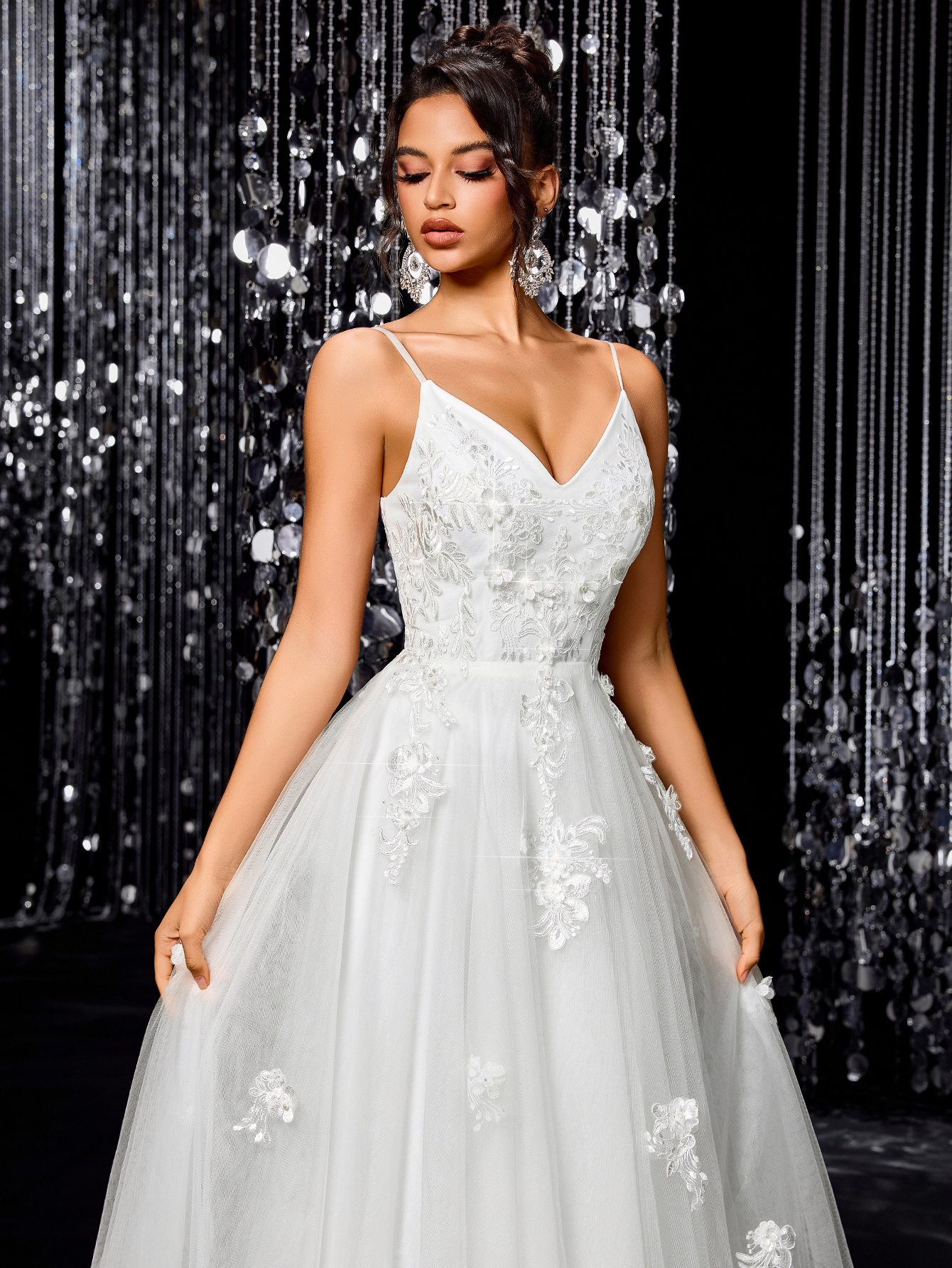 Modecrush Romantic Flower Embroidery Fine Strap V-neck Maxi Dress, Elegant A-line Bridal Dress, for Wedding, Birthday Party