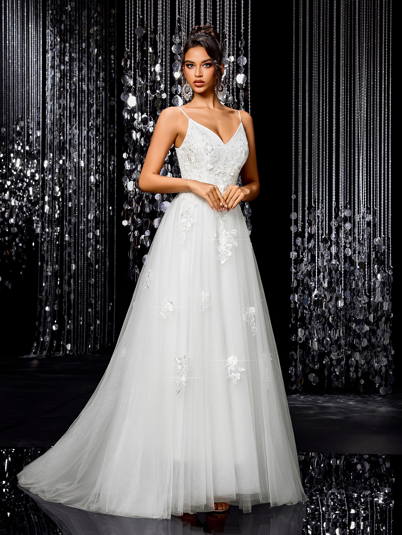 Modecrush Romantic Flower Embroidery Fine Strap V-neck Maxi Dress, Elegant A-line Bridal Dress, for Wedding, Birthday Party