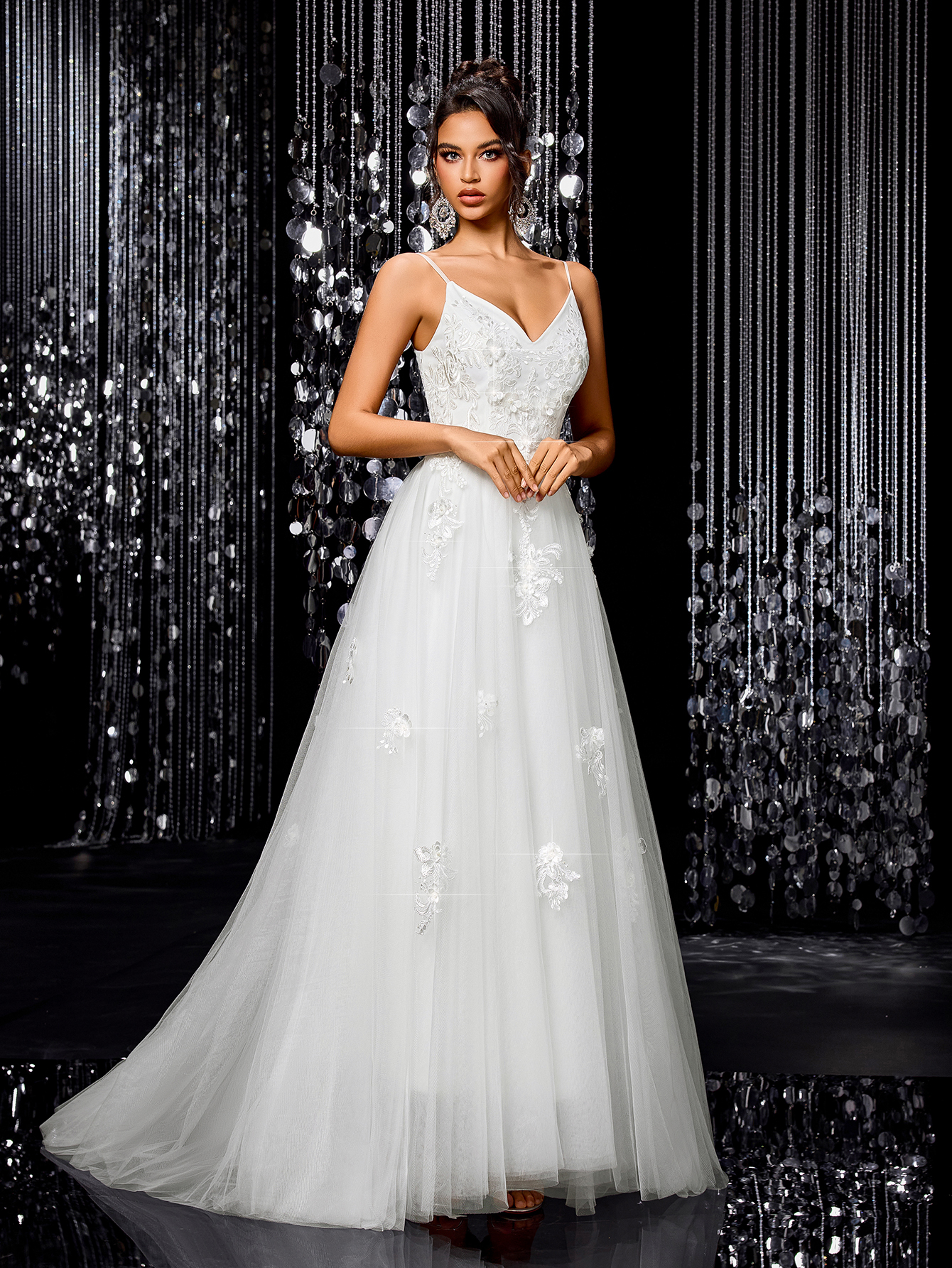 Modecrush Romantic Flower Embroidery Fine Strap V-neck Maxi Dress, Elegant A-line Bridal Dress, for Wedding, Birthday Party