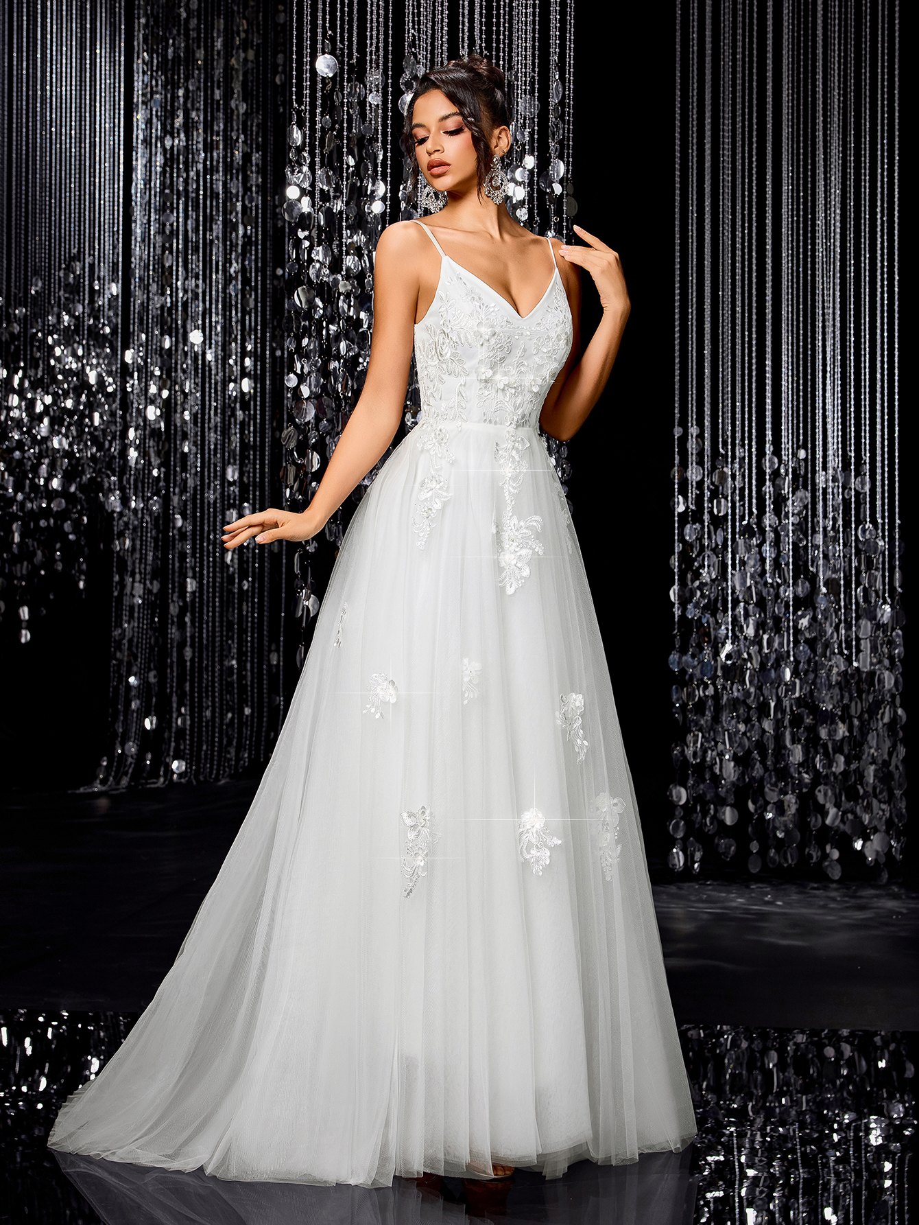 Modecrush Romantic Flower Embroidery Fine Strap V-neck Maxi Dress, Elegant A-line Bridal Dress, for Wedding, Birthday Party