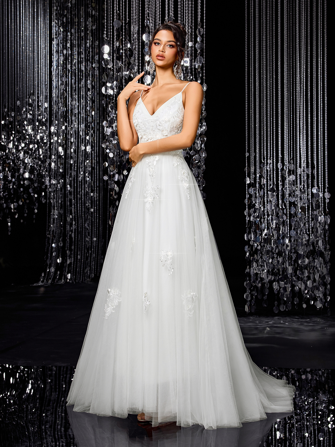 Modecrush Romantic Flower Embroidery Fine Strap V-neck Maxi Dress, Elegant A-line Bridal Dress, for Wedding, Birthday Party