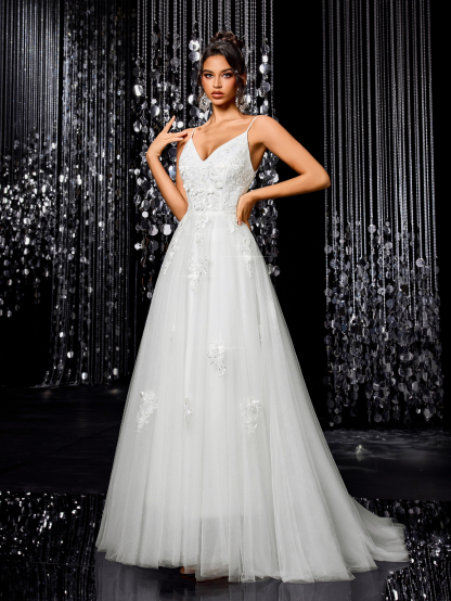 Modecrush Romantic Flower Embroidery Fine Strap V-neck Maxi Dress, Elegant A-line Bridal Dress, for Wedding, Birthday Party