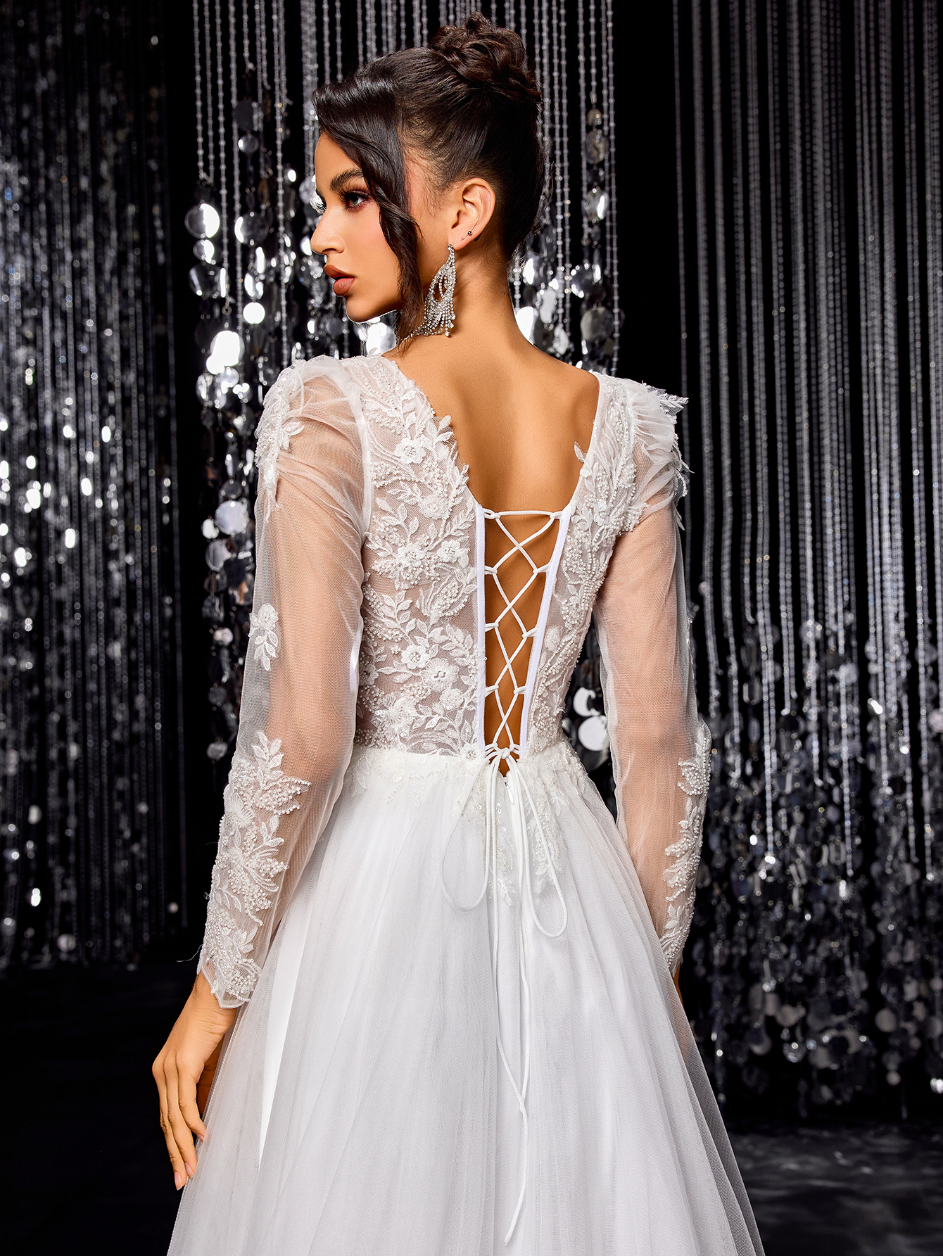 Modecrush White elegant exquisite off-shoulder mesh wedding dress A-line long train beaded embroidered bridal gown