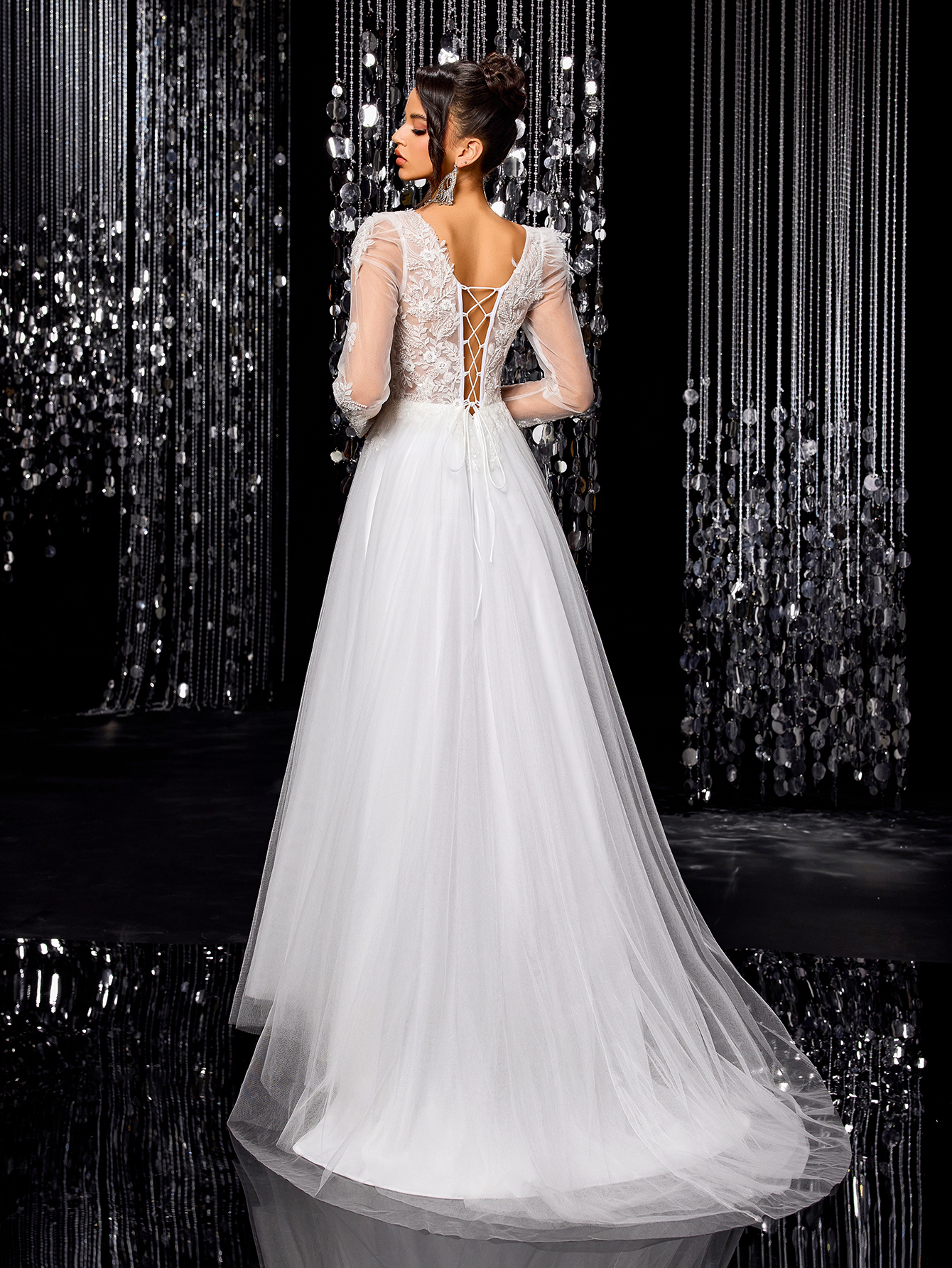 Modecrush White elegant exquisite off-shoulder mesh wedding dress A-line long train beaded embroidered bridal gown