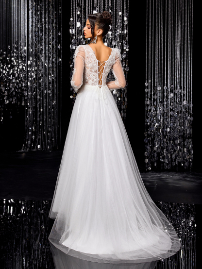 Modecrush White elegant exquisite off-shoulder mesh wedding dress A-line long train beaded embroidered bridal gown