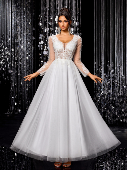 Modecrush White elegant exquisite off-shoulder mesh wedding dress A-line long train beaded embroidered bridal gown