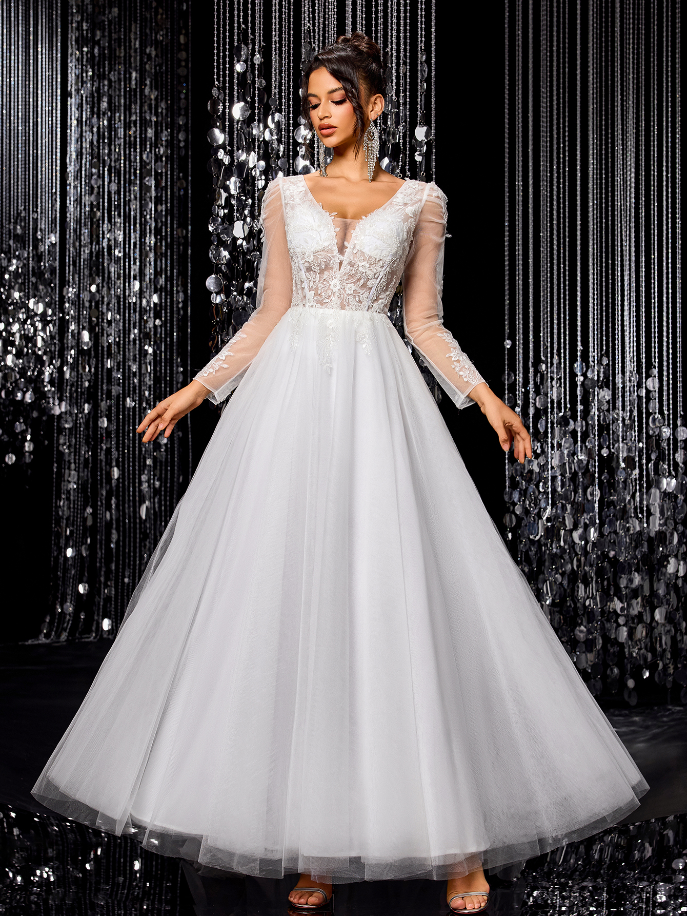Modecrush White elegant exquisite off-shoulder mesh wedding dress A-line long train beaded embroidered bridal gown