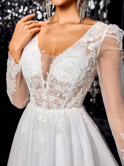 Modecrush White elegant exquisite off-shoulder mesh wedding dress A-line long train beaded embroidered bridal gown