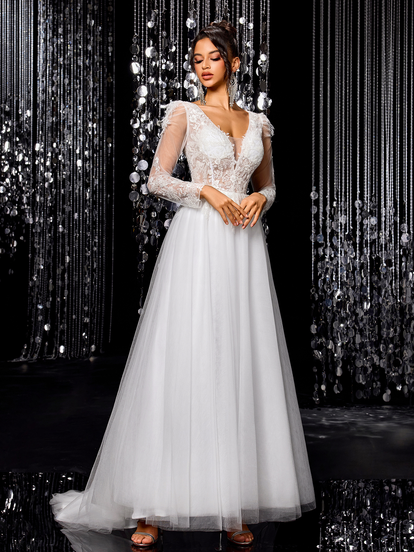 Modecrush White elegant exquisite off-shoulder mesh wedding dress A-line long train beaded embroidered bridal gown