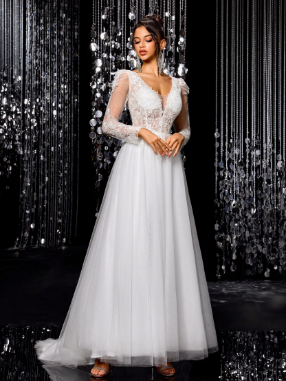 Modecrush White elegant exquisite off-shoulder mesh wedding dress A-line long train beaded embroidered bridal gown