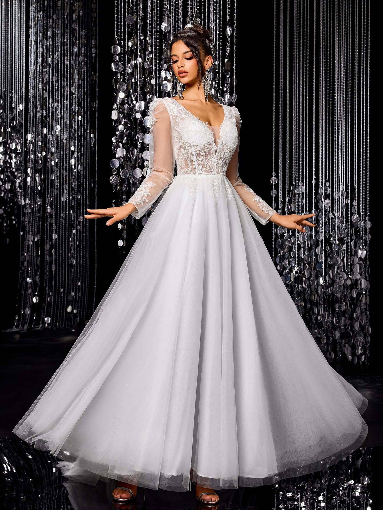 Modecrush White elegant exquisite off-shoulder mesh wedding dress A-line long train beaded embroidered bridal gown