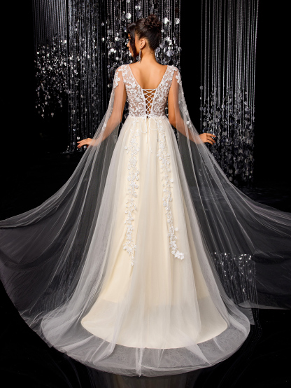 Modecrush Women's Flowing Wedding Dress, Gorgeous Beaded Embroidered Mesh Long Sleeves Trailing Bridal Gown