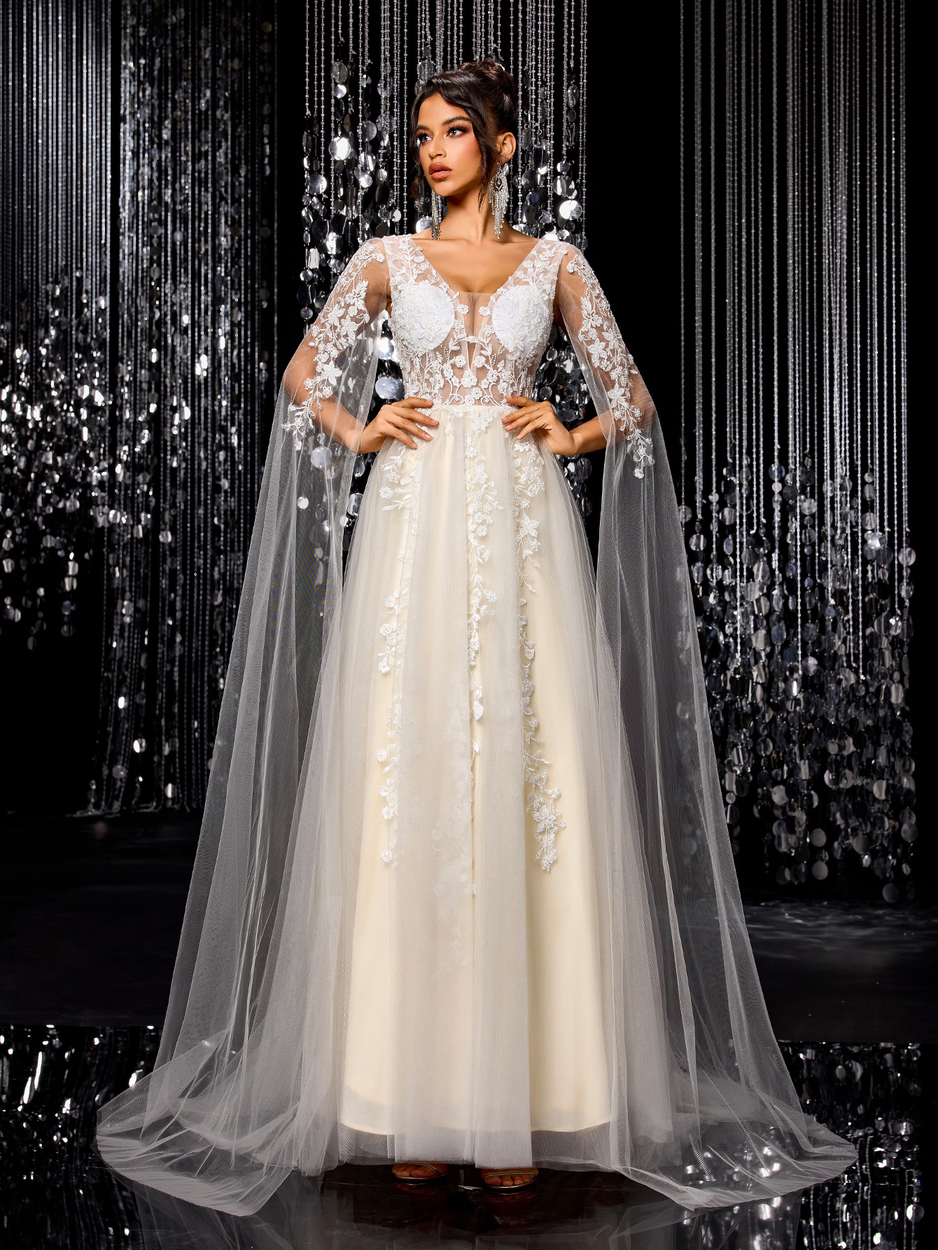 Modecrush Women's Flowing Wedding Dress, Gorgeous Beaded Embroidered Mesh Long Sleeves Trailing Bridal Gown