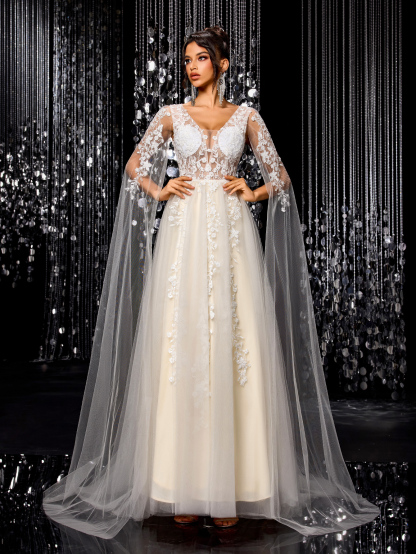 Modecrush Women's Flowing Wedding Dress, Gorgeous Beaded Embroidered Mesh Long Sleeves Trailing Bridal Gown