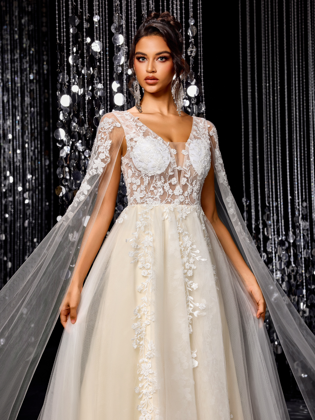 Modecrush Women's Flowing Wedding Dress, Gorgeous Beaded Embroidered Mesh Long Sleeves Trailing Bridal Gown