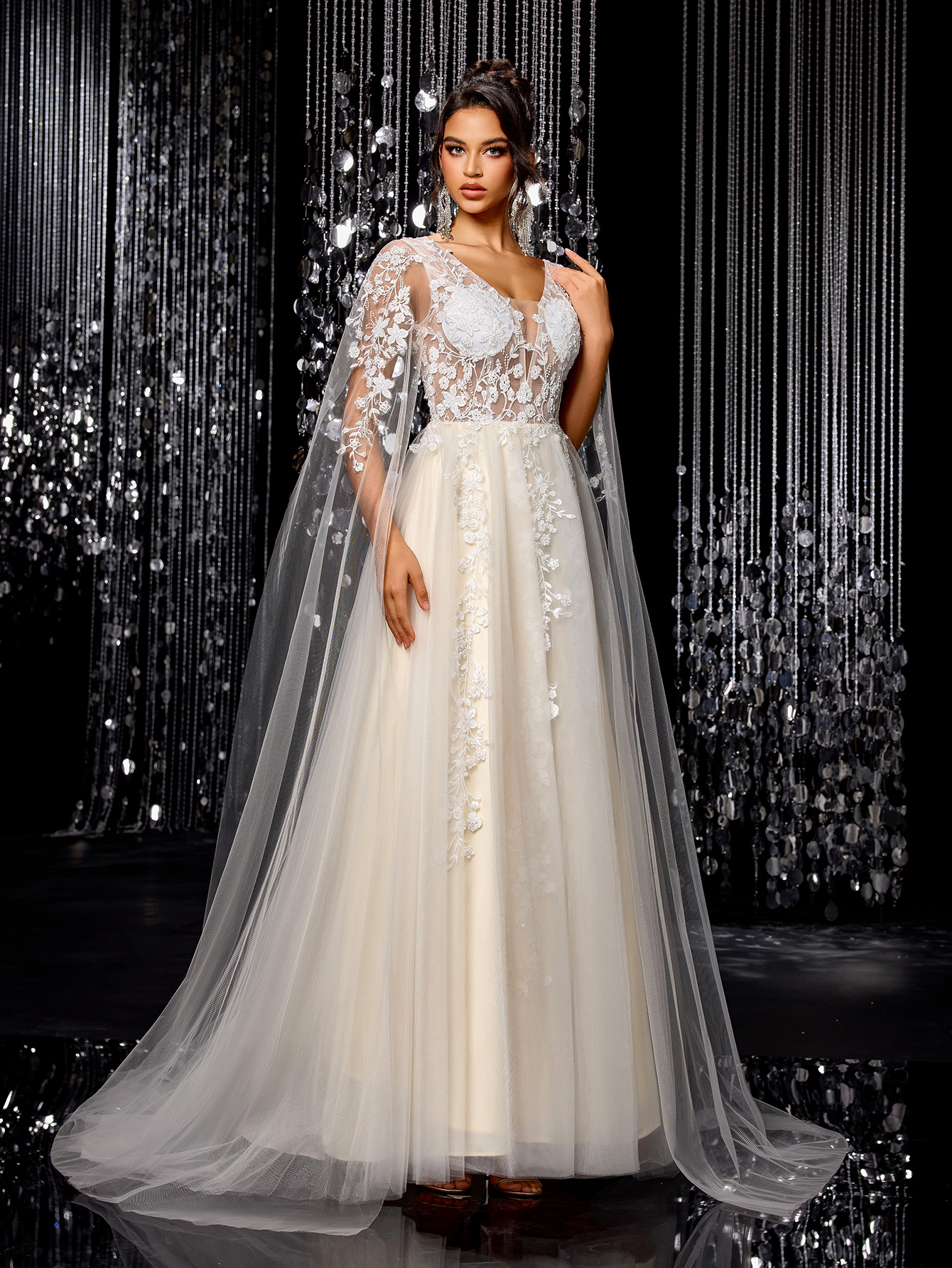 Modecrush Women's Flowing Wedding Dress, Gorgeous Beaded Embroidered Mesh Long Sleeves Trailing Bridal Gown