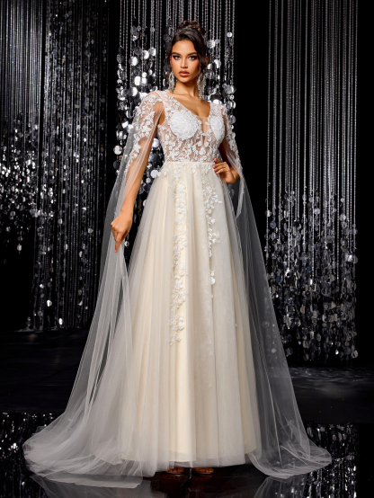 Modecrush Women's Flowing Wedding Dress, Gorgeous Beaded Embroidered Mesh Long Sleeves Trailing Bridal Gown