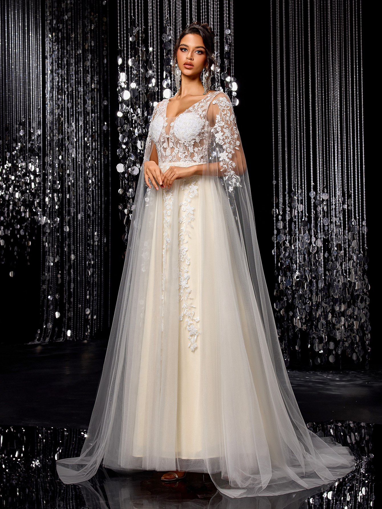 Modecrush Women's Flowing Wedding Dress, Gorgeous Beaded Embroidered Mesh Long Sleeves Trailing Bridal Gown