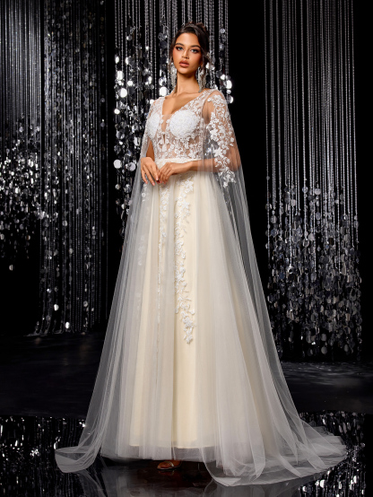 Modecrush Women's Flowing Wedding Dress, Gorgeous Beaded Embroidered Mesh Long Sleeves Trailing Bridal Gown