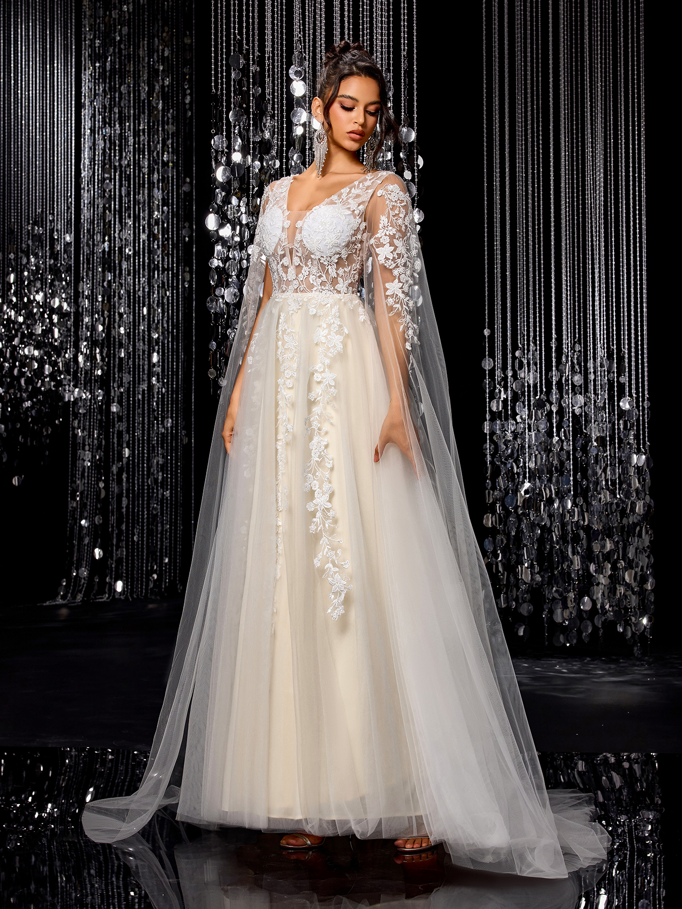 Modecrush Women's Flowing Wedding Dress, Gorgeous Beaded Embroidered Mesh Long Sleeves Trailing Bridal Gown