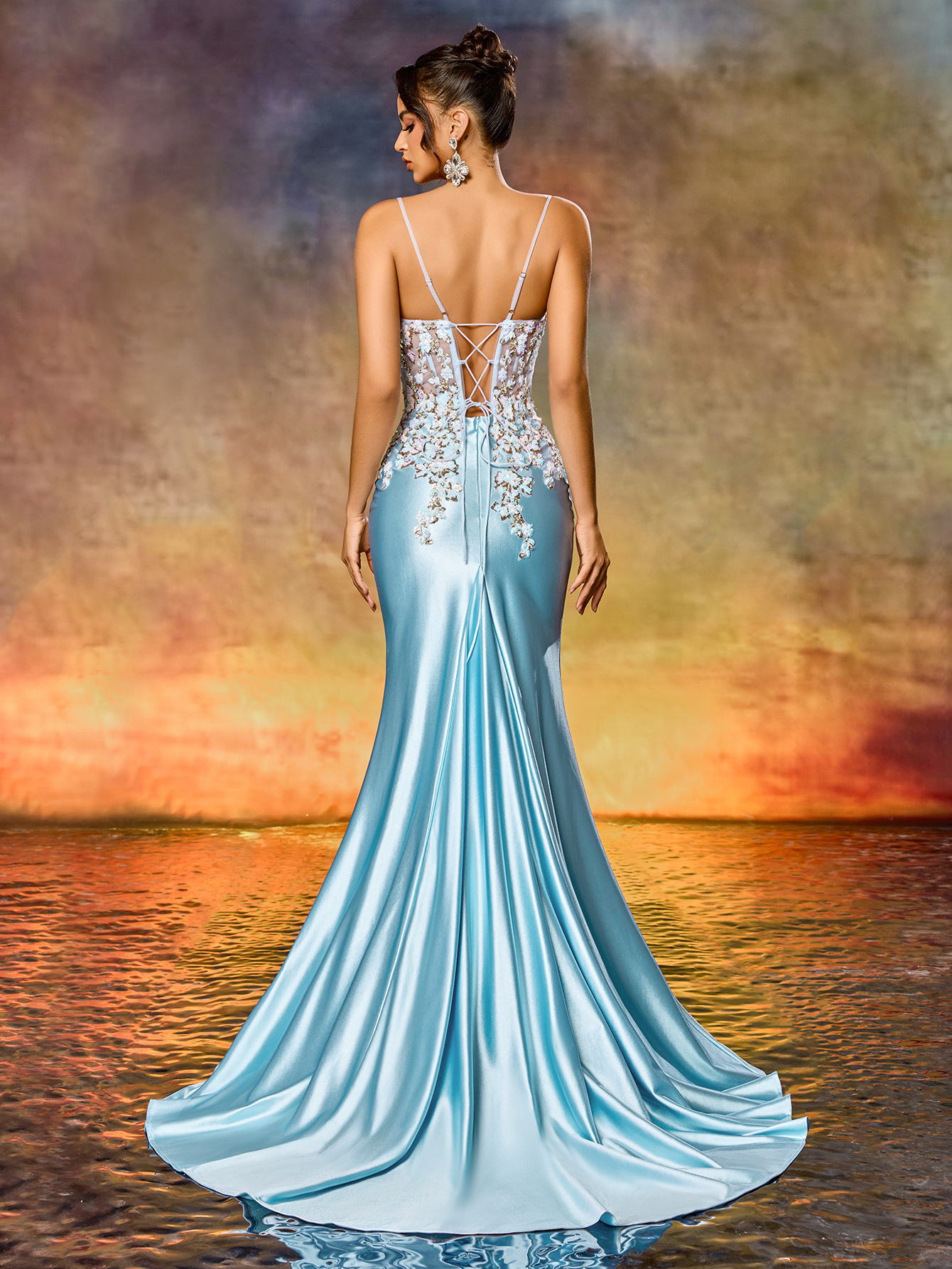 Elegant Spaghetti Straps Colorful Beaded Appliques Blue High-Slit Mermaid Evening Gown
