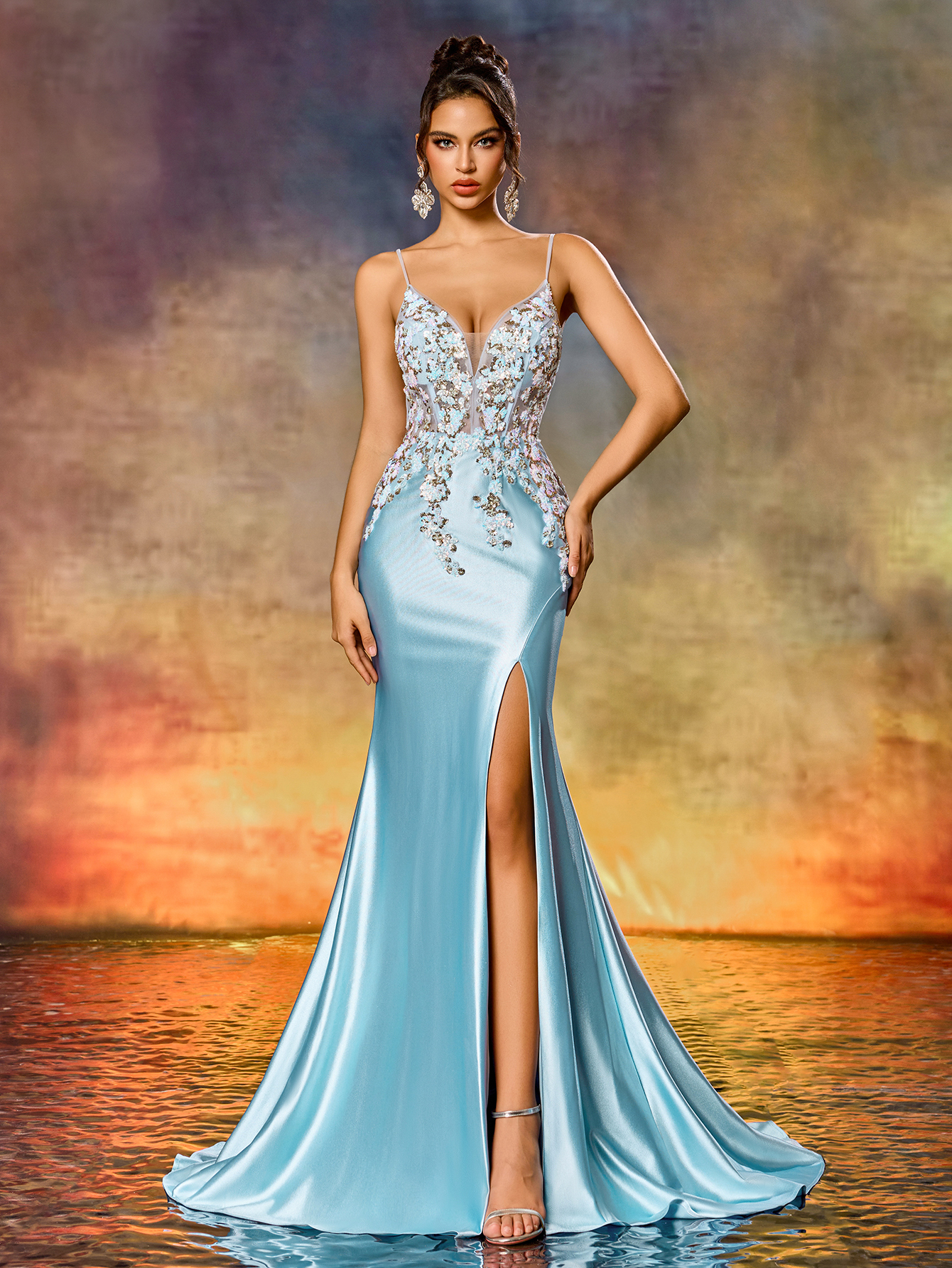Elegant Spaghetti Straps Colorful Beaded Appliques Blue High-Slit Mermaid Evening Gown