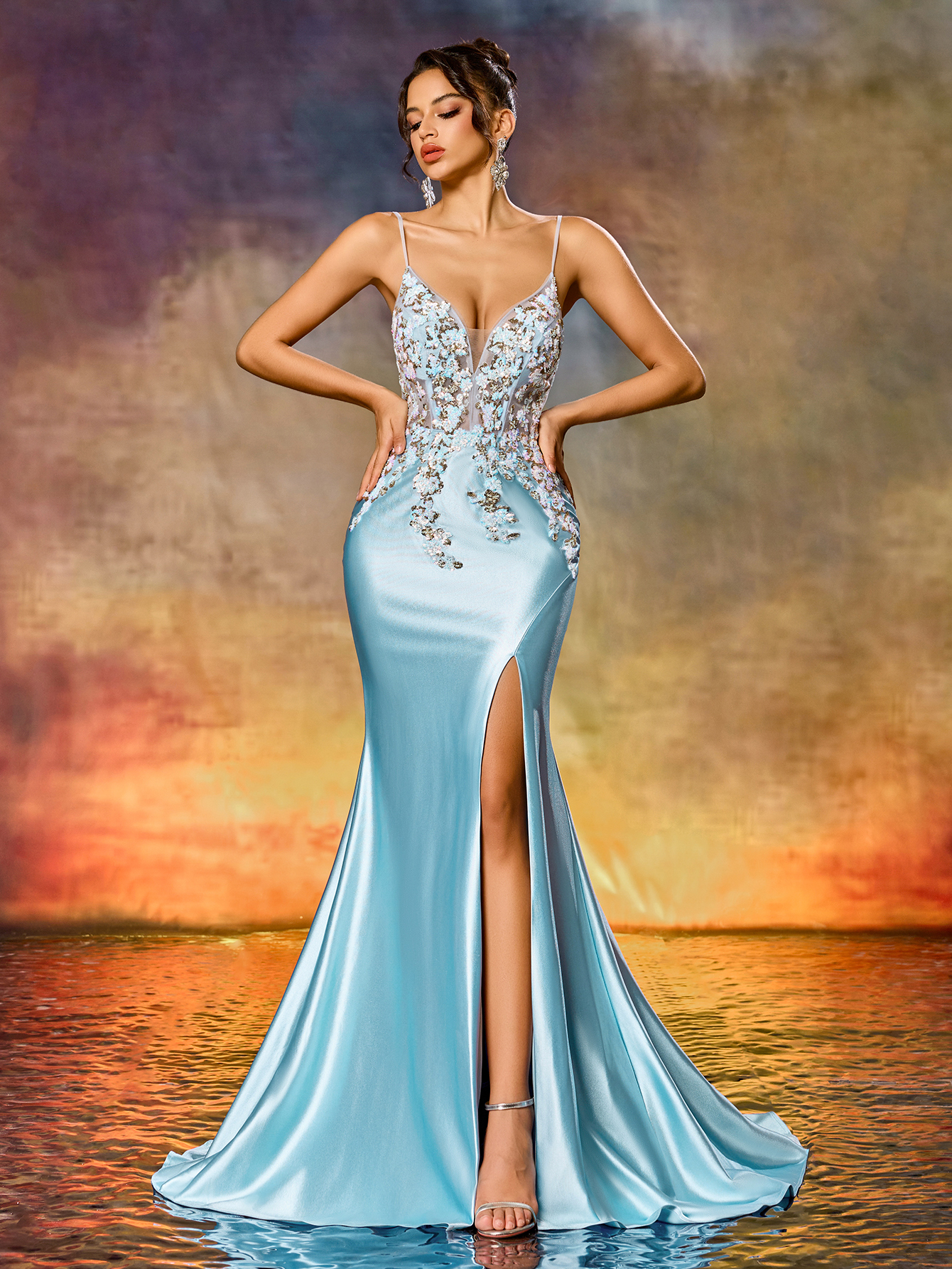 Elegant Spaghetti Straps Colorful Beaded Appliques Blue High-Slit Mermaid Evening Gown