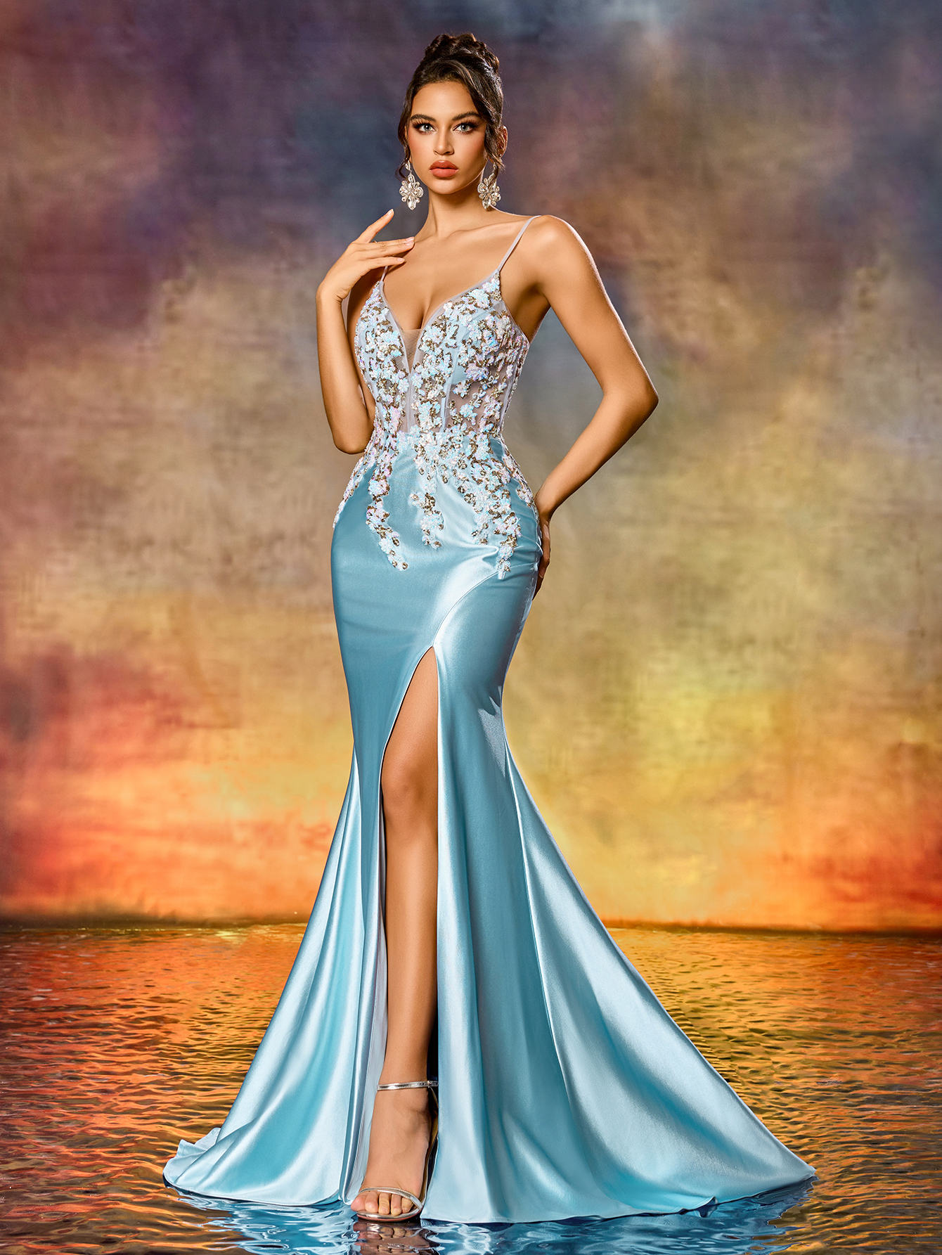 Elegant Spaghetti Straps Colorful Beaded Appliques Blue High-Slit Mermaid Evening Gown