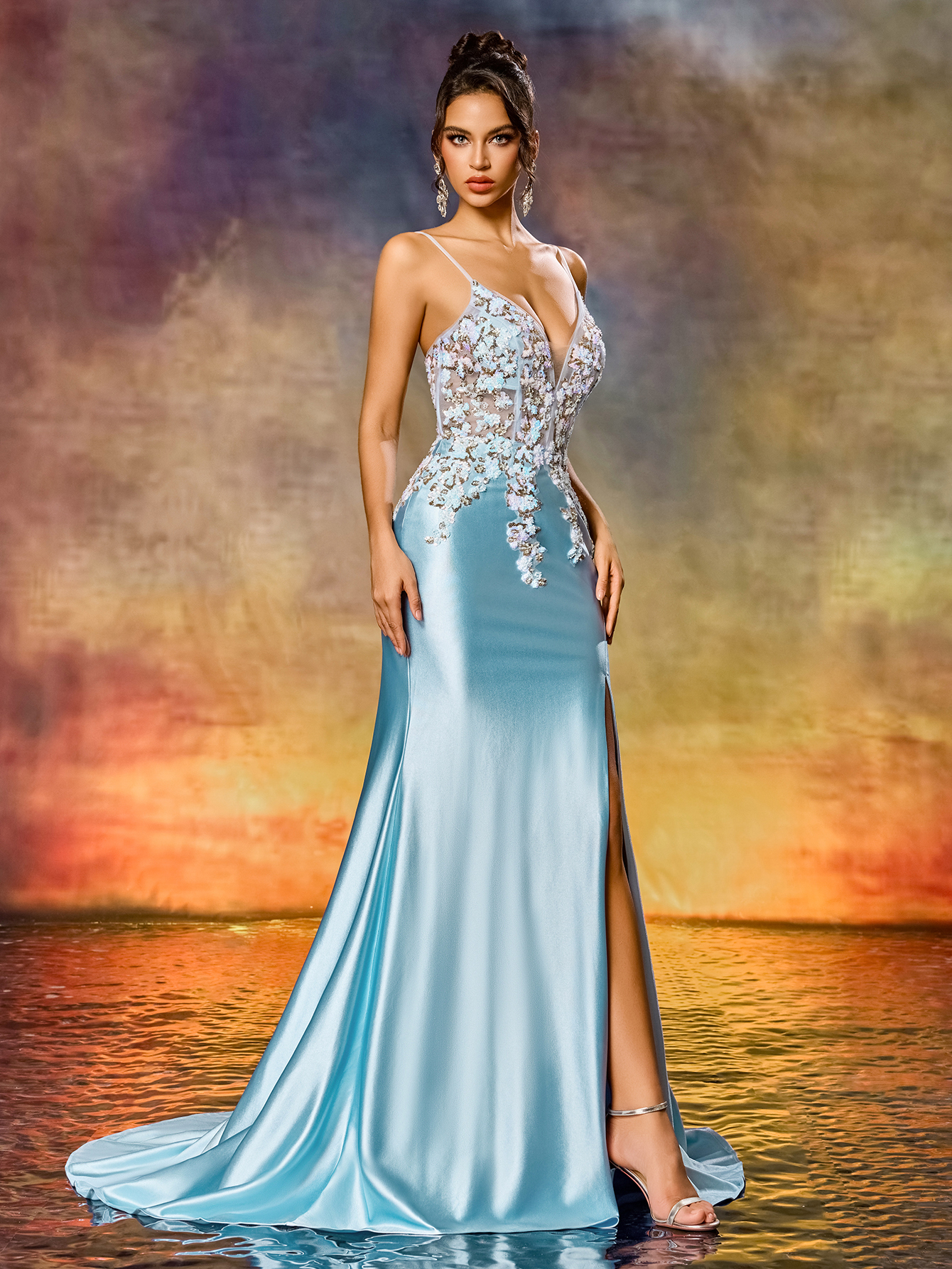 Elegant Spaghetti Straps Colorful Beaded Appliques Blue High-Slit Mermaid Evening Gown