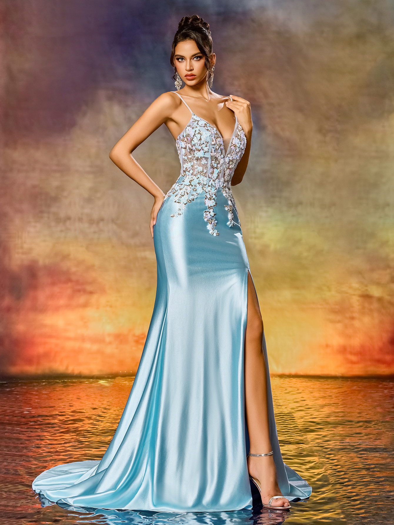 Elegant Spaghetti Straps Colorful Beaded Appliques Blue High-Slit Mermaid Evening Gown