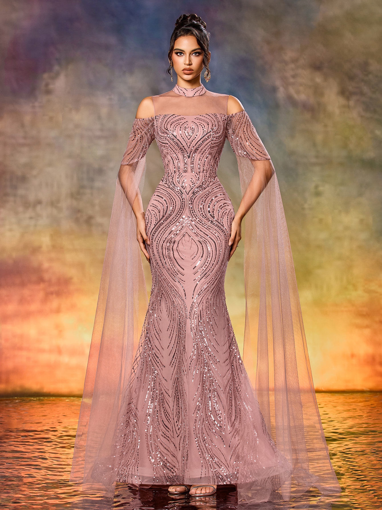 Modecrush Off-Shoulder  Mesh Formal Dress Elegant Prom Evening Wedding Guest Gown