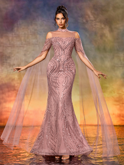 Modecrush Off-Shoulder  Mesh Formal Dress Elegant Prom Evening Wedding Guest Gown