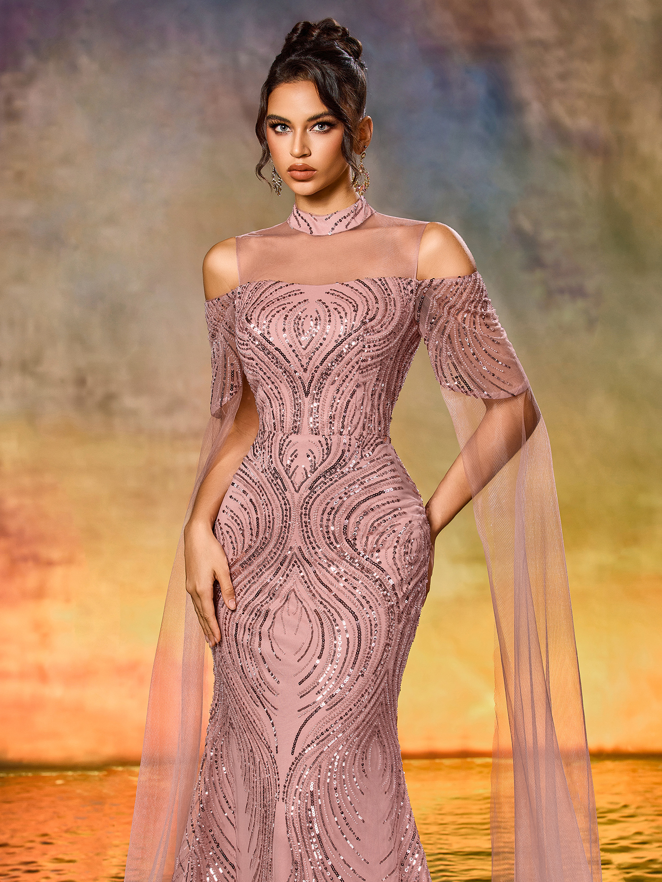 Modecrush Off-Shoulder  Mesh Formal Dress Elegant Prom Evening Wedding Guest Gown