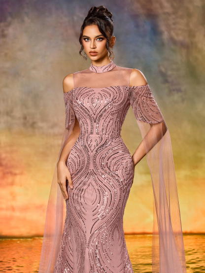 Modecrush Off-Shoulder  Mesh Formal Dress Elegant Prom Evening Wedding Guest Gown
