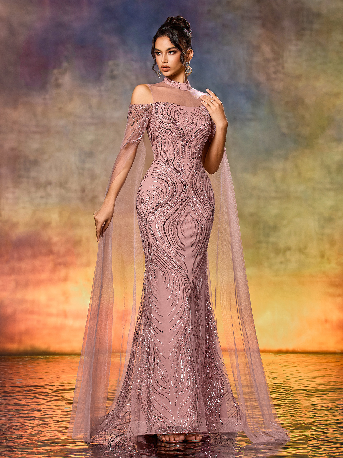 Modecrush Off-Shoulder  Mesh Formal Dress Elegant Prom Evening Wedding Guest Gown