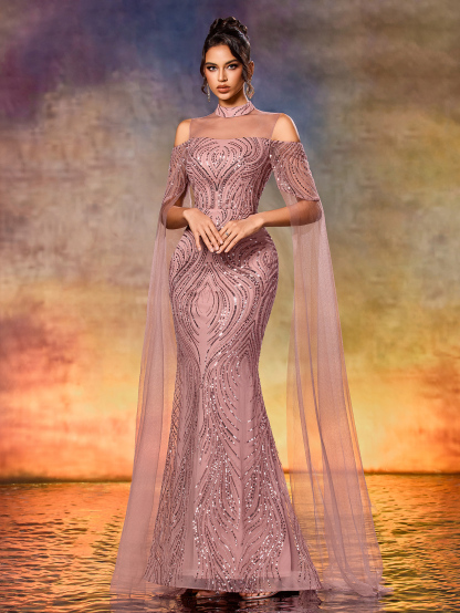 Modecrush Off-Shoulder  Mesh Formal Dress Elegant Prom Evening Wedding Guest Gown