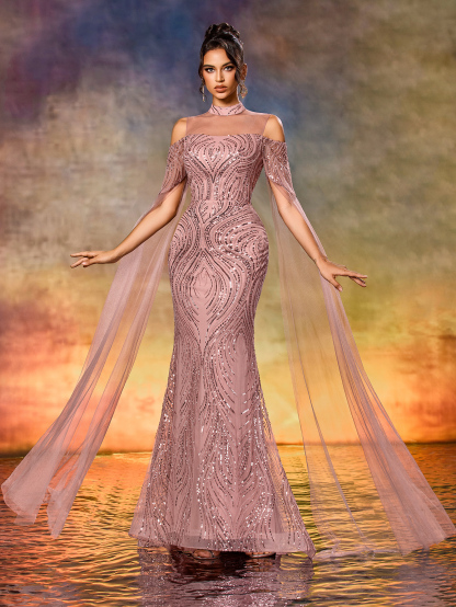 Modecrush Off-Shoulder  Mesh Formal Dress Elegant Prom Evening Wedding Guest Gown