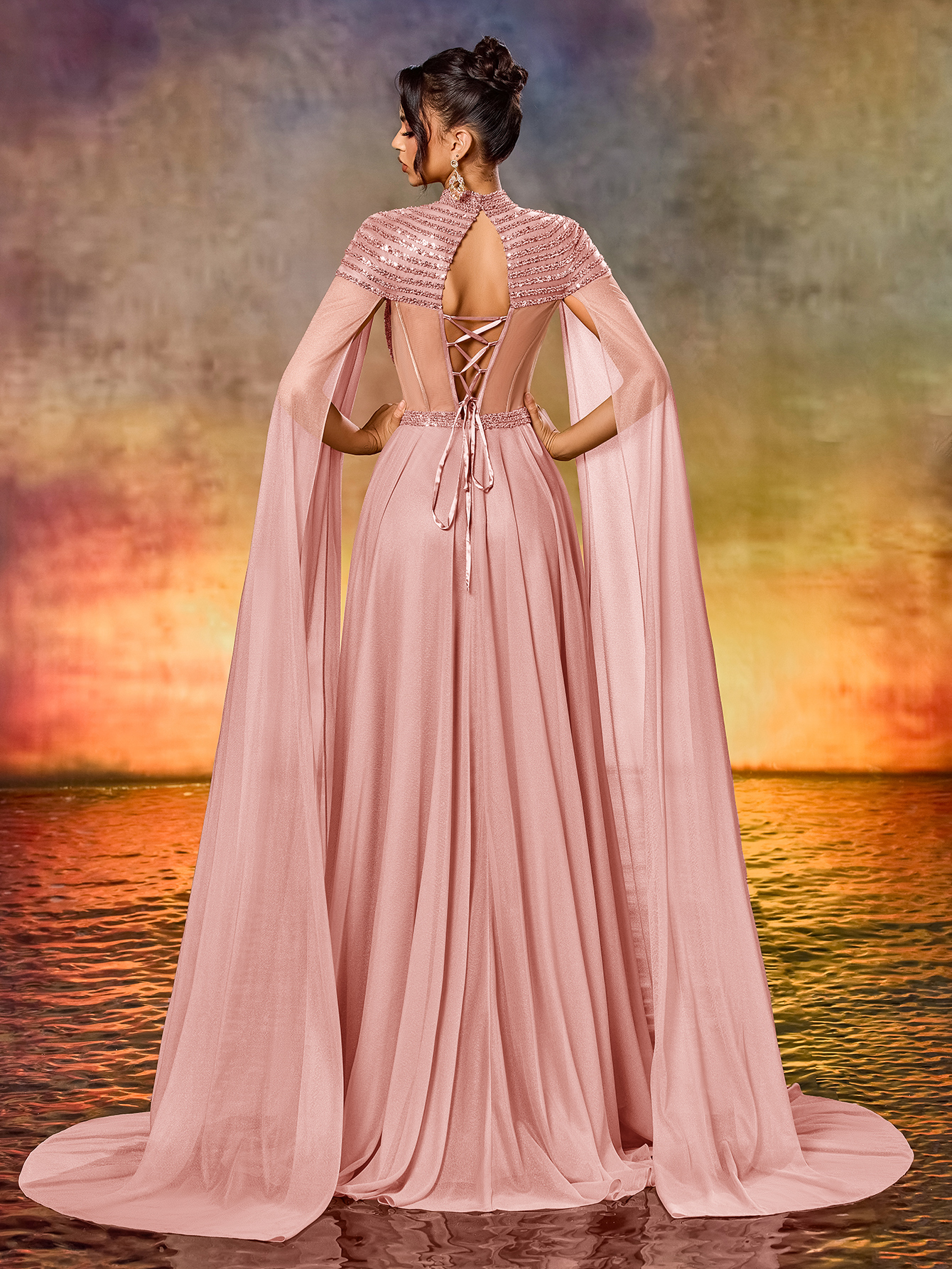 Modecrush Elegant Tulle Sequins Extra Long Sleeve Dress For Formal Occasion, Elegant Prom Evening Gown