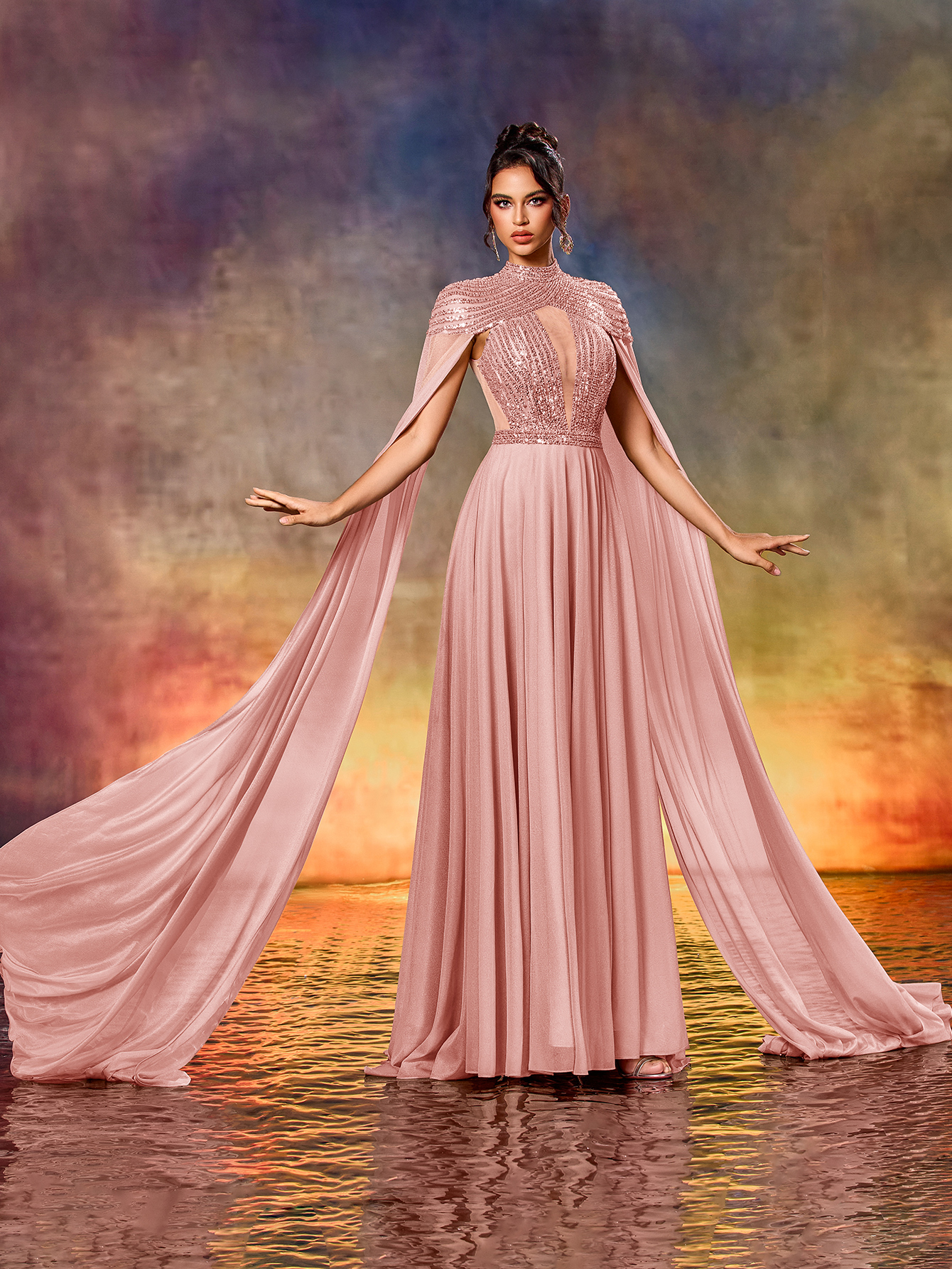 Modecrush Elegant Tulle Sequins Extra Long Sleeve Dress For Formal Occasion, Elegant Prom Evening Gown