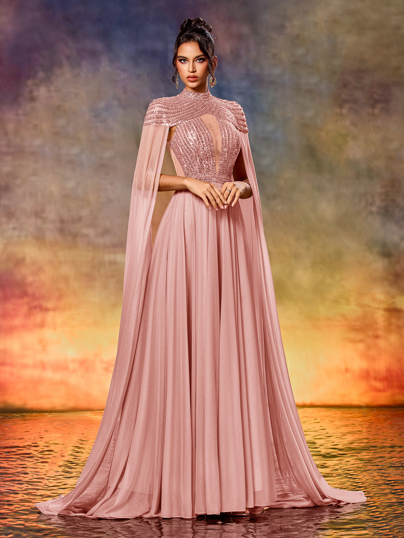 Modecrush Elegant Tulle Sequins Extra Long Sleeve Dress For Formal Occasion, Elegant Prom Evening Gown