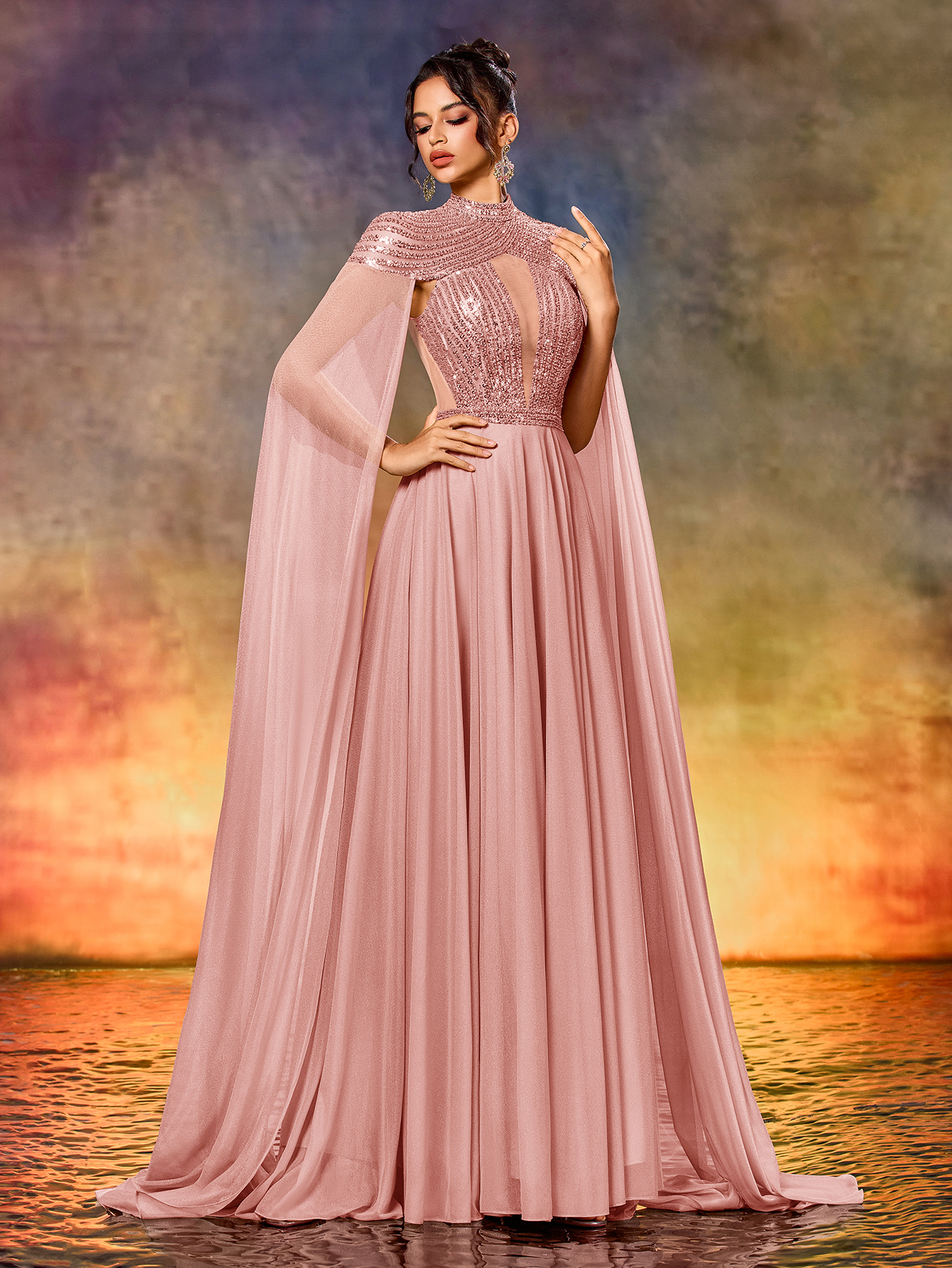 Modecrush Elegant Tulle Sequins Extra Long Sleeve Dress For Formal Occasion, Elegant Prom Evening Gown