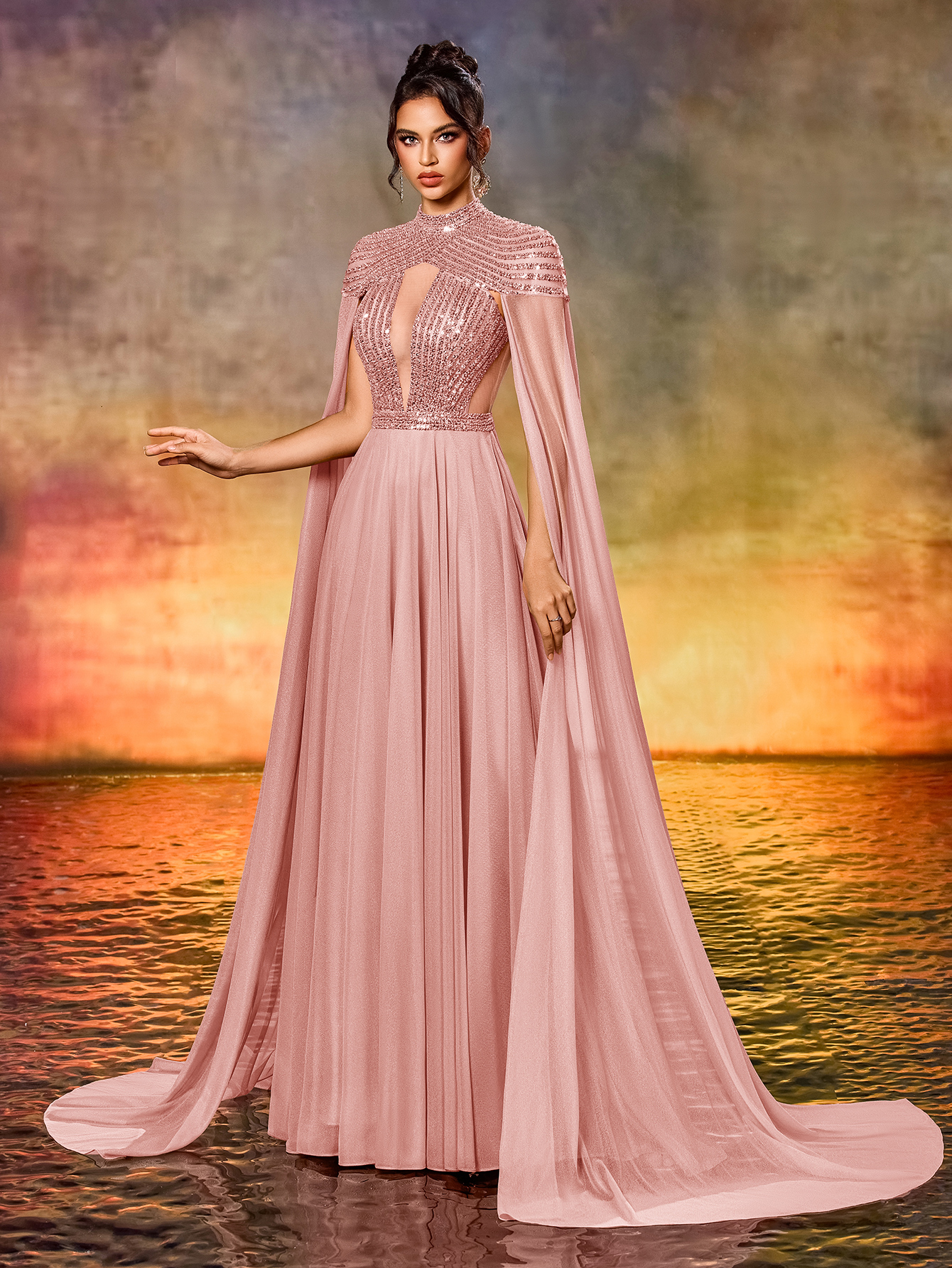 Modecrush Elegant Tulle Sequins Extra Long Sleeve Dress For Formal Occasion, Elegant Prom Evening Gown