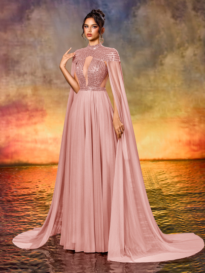 Modecrush Elegant Tulle Sequins Extra Long Sleeve Dress For Formal Occasion, Elegant Prom Evening Gown