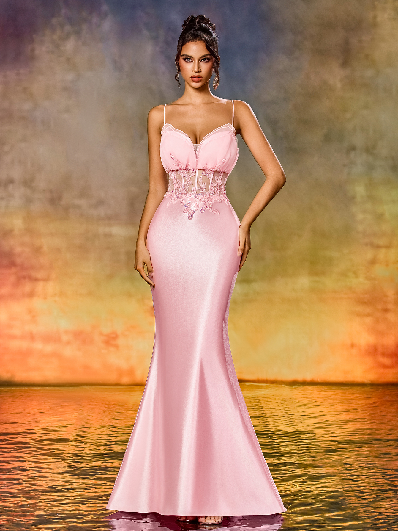 Cute Spaghetti Strap Beaded Embroidery Mermaid Evening Gown