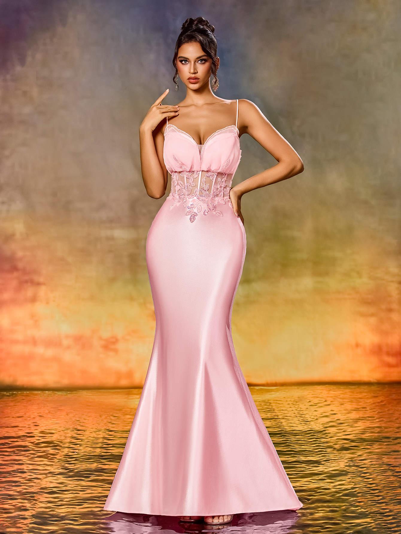 Cute Spaghetti Strap Beaded Embroidery Mermaid Evening Gown